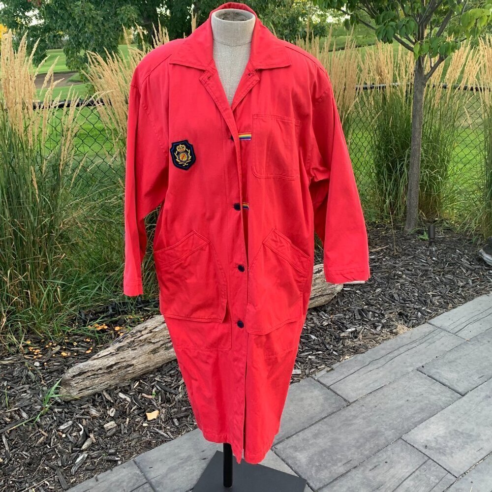 Vintage 80s 90s Oversized Red Belted Dolman Sleeve Trench Overcoat Duster - Picture 2 of 12